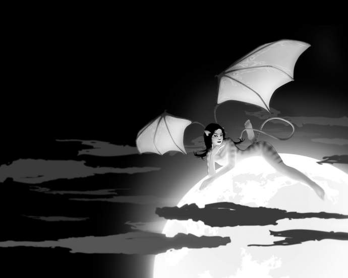 черно-белая, луна, облака, крылья