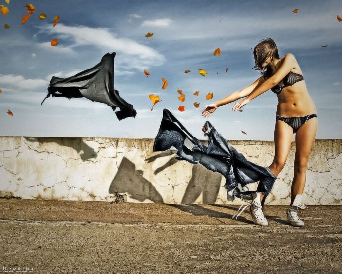 ветер, листья, девушка, осень