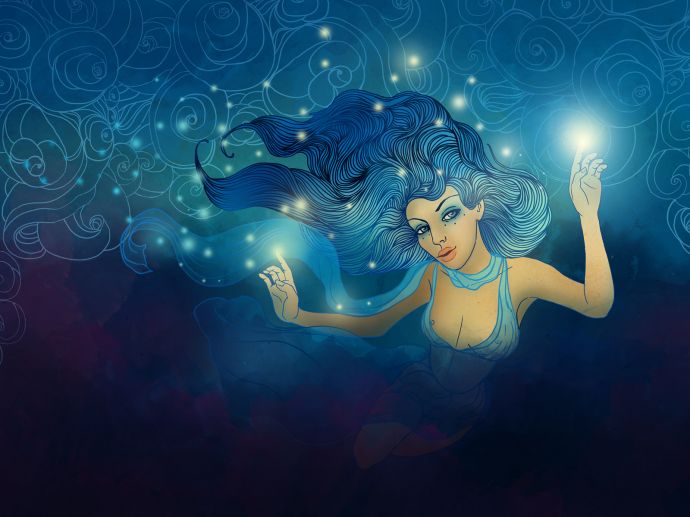 девушка, волосы, рисунок, платье