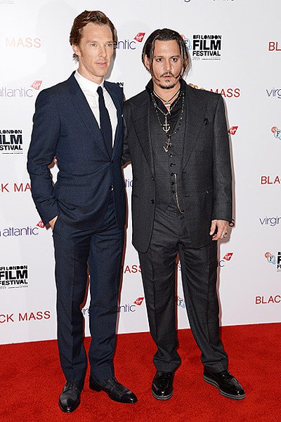 Джонни Депп, Эмбер Херд и Бенедикт Камбербэтч на премьере "Черной мессы" в рамках BFI London Film Festival 2015