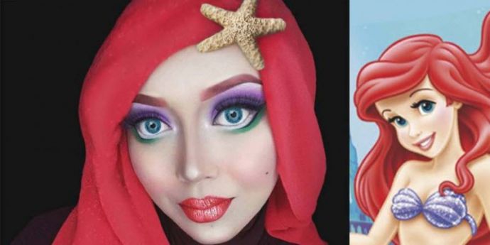 Девушка с помощью хиджаба и макияжа превращает себя в диснеевских персонажей