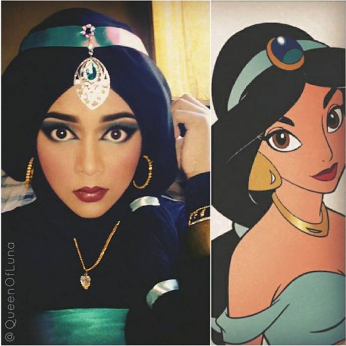 Девушка с помощью хиджаба и макияжа превращает себя в диснеевских персонажей