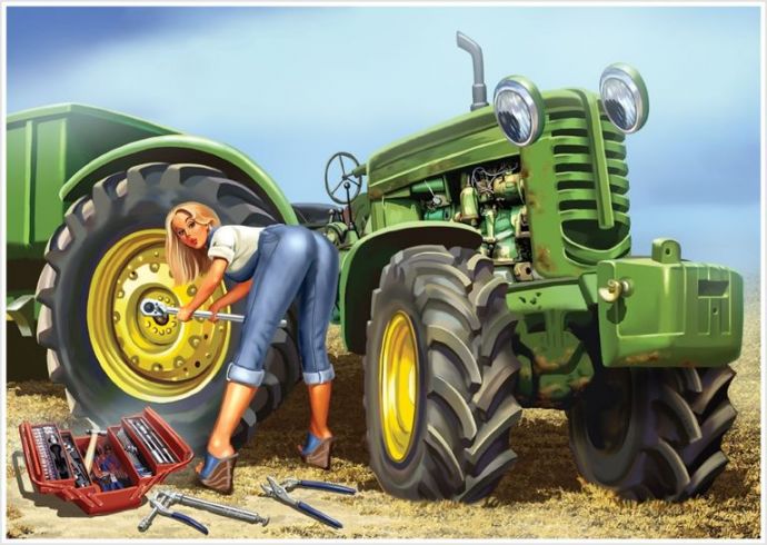 Длинноногие сучки у трактора страстно позируют и мило улыбаются