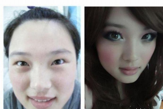 Азиатские девушки до и после макияжа