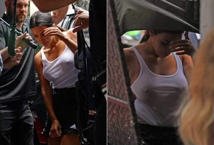 Американская звезда реалити-шоу, актриса и фотомодель Kim Kardashian в майке без бюстгальтера