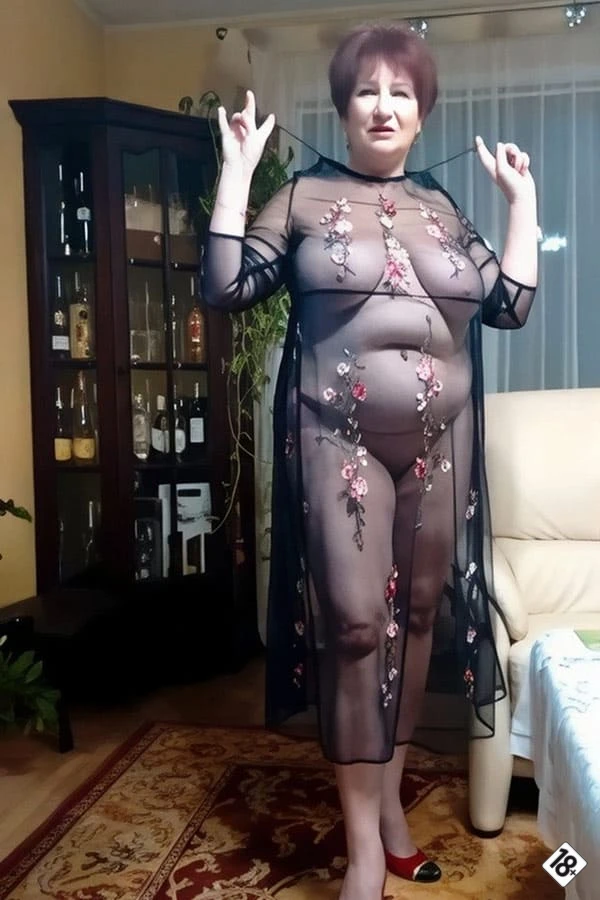 Зрелая тёща в прозрачной ночнушке дразнит сиськами